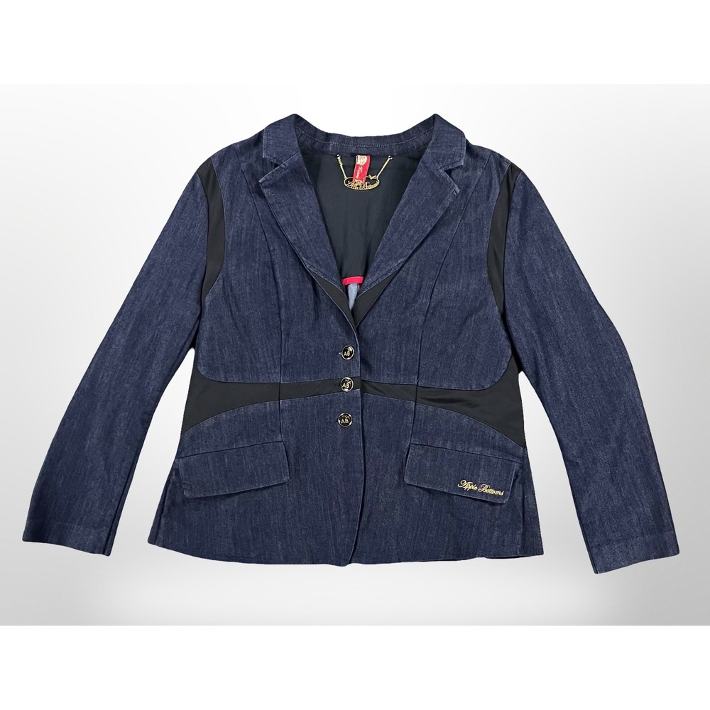 VTG Apple Bottoms Denim Blazer Womens 2X Blue Y2K Jean Jacket Gold Logo 3 Button